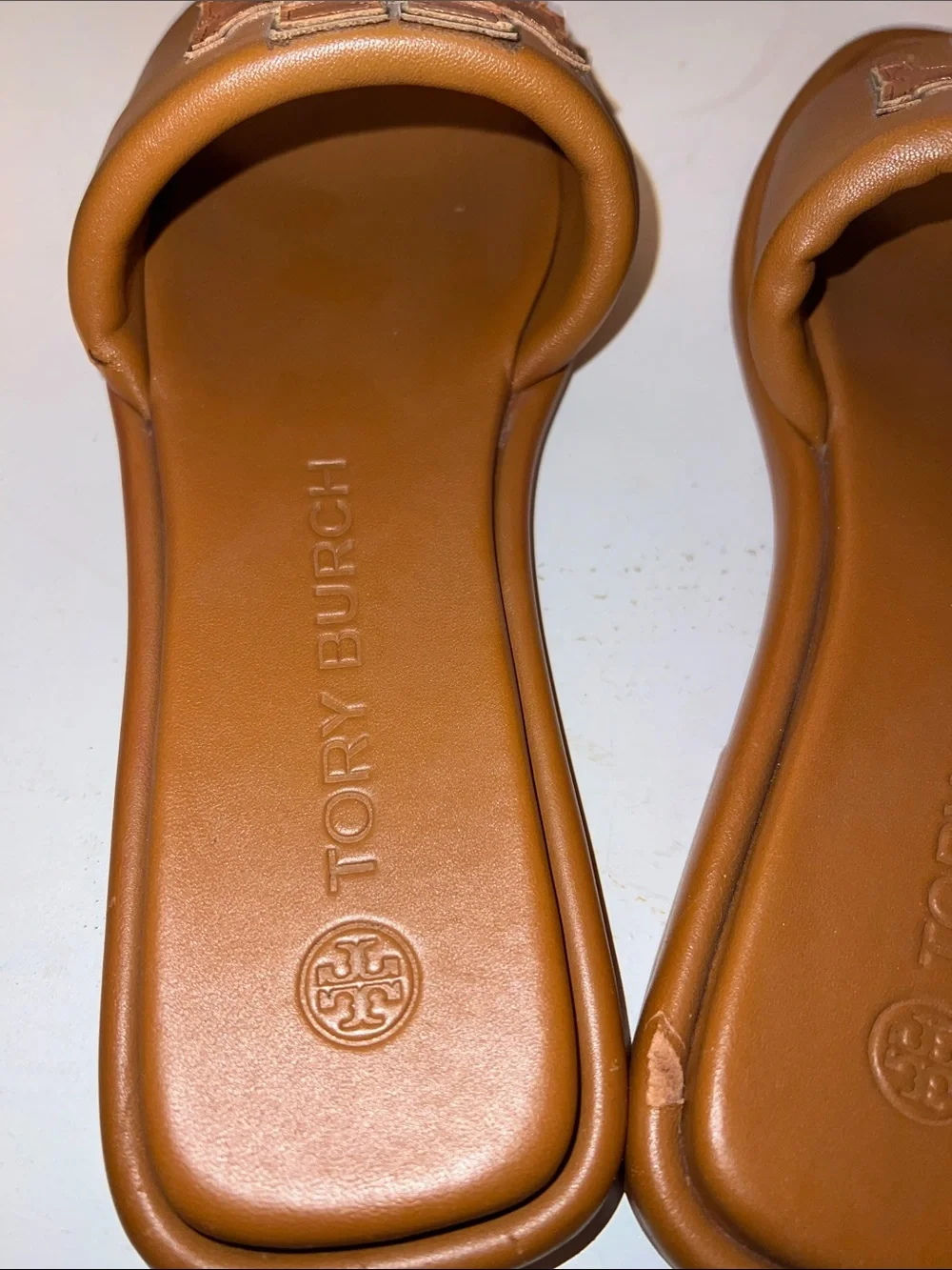 Tory Burch Tan Leather Logo Slide Sandals